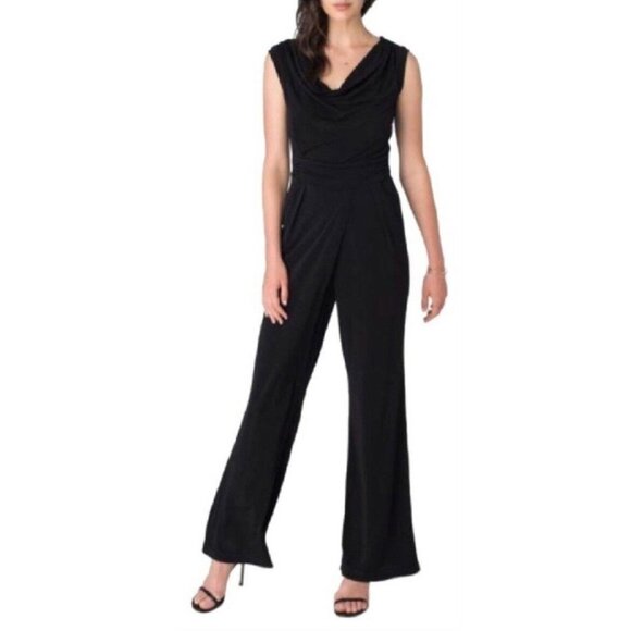 Beige by ECI Women's Size PM Black Cowl Neck Zip and Tie Back Jumpsuit NWT - Picture 1 of 8